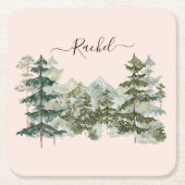 水彩松林と山素朴 スクエアペーパーコースター (正面)