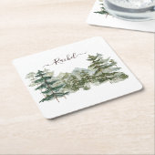 水彩松林と山素朴 スクエアペーパーコースター (アングル)