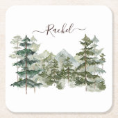 水彩松林と山素朴 スクエアペーパーコースター (正面)