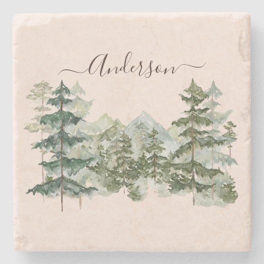 水彩松林と山素朴 ストーンコースター (正面)