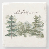 水彩松林と山素朴 ストーンコースター (正面)