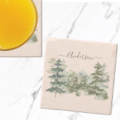 水彩松林と山素朴 ストーンコースター