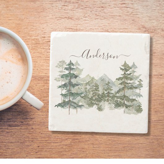 水彩松林と山素朴 ストーンコースター