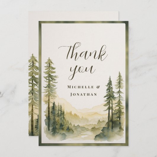 水彩松林と山結婚の サンキューカード (正面/裏面)