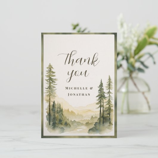 水彩松林と山結婚の サンキューカード (スタンド正面)