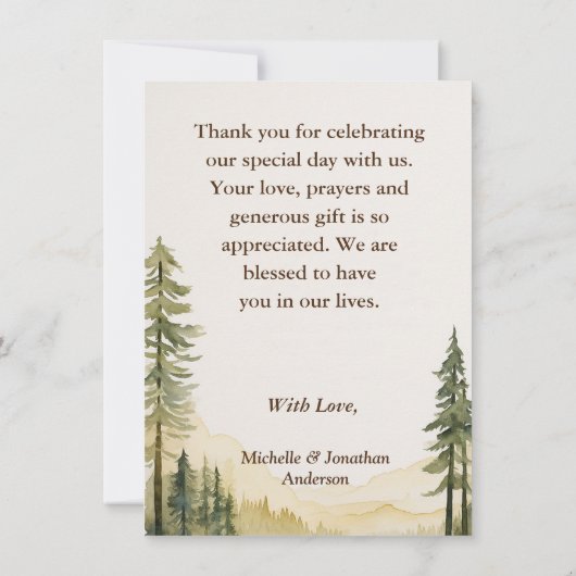 水彩松林と山結婚の サンキューカード (裏面)