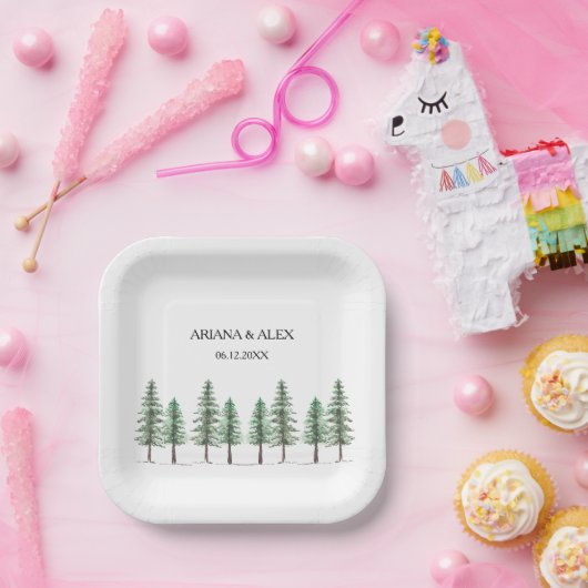 水彩松林結婚林 ペーパープレート (パーティー)