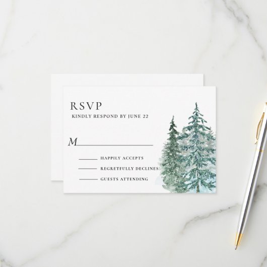 水彩松林結婚林 出欠カード (正面/裏面インサイチュ)