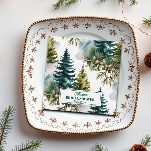 水彩松模様の冬のブライズシャワー フェイバータグ