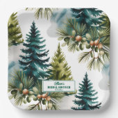 水彩松模様の冬のブライズシャワー ペーパープレート (正面)