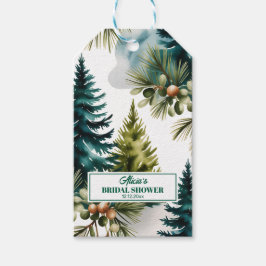 水彩松模様の冬のブライダルシャワー ギフトタグ