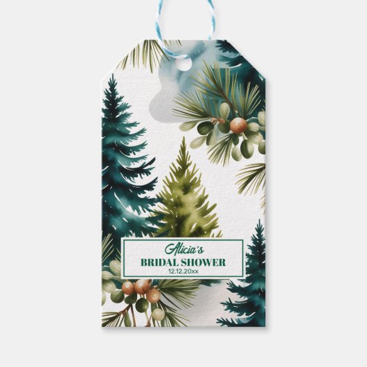 水彩松模様の冬のブライダルシャワー ギフトタグ (正面)