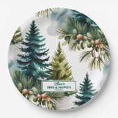 水彩松模様の冬のブライダルシャワー ペーパープレート (正面)
