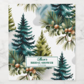 水彩松模様の冬のブライダルシャワー ワインラベル (シングルラベル)