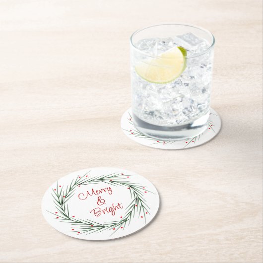 水彩松葉と果実のリースラウンド ラウンドペーパーコースター (インサイチュ)