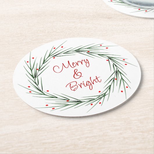 水彩松葉と果実のリースラウンド ラウンドペーパーコースター (アングル)