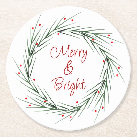 水彩松葉と果実のリースラウンド ラウンドペーパーコースター (正面)