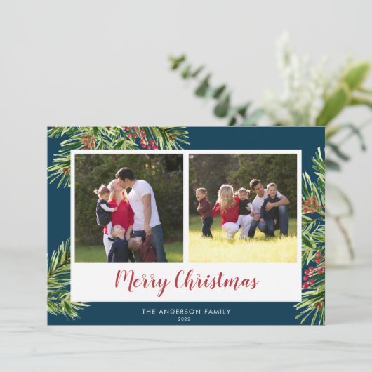 水彩松2フォトブルーメリークリスマス シーズンカード (スタンド正面)