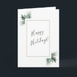水彩松 & 冬の緑のホーリー シーズンカード<br><div class="desc">このユニークなハッピーホリデーグリーティングカードは、水彩の松と冬の緑のホーリーをフィーチャーした創造的なカードデザインです。シンプルながらもエレガントで魅力的なこのデザインは、表と裏の両方に特別な行事に合わせたテキストレタリングをカスタマイズできるように設計されています。このフレッシュで元気が出るデザインで、今年のホリデーシーズンの喜びを分かち合ってください！ このバーガンディベリー、ホーリー、ピンクのクリスマスコレクションの他のアクセサリーやギフトアイデアと合わせて、選択を完成させてください。このストアで購入可能なアイテムです。</div>