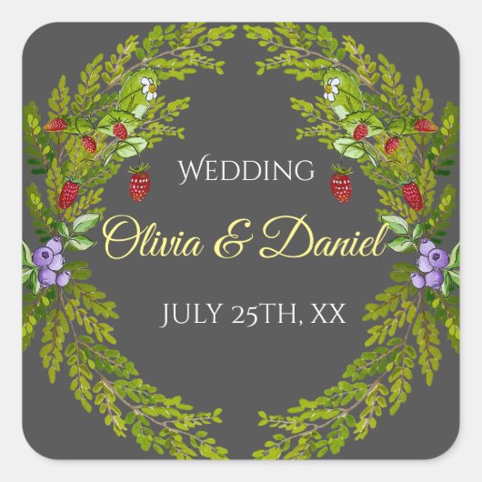 水彩林の果実結婚のリース スクエアシール (正面)