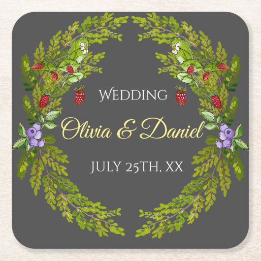 水彩林の果実結婚のリース スクエアペーパーコースター (正面)