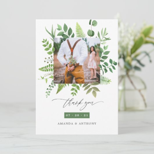 水彩林の森の緑結婚の写真 サンキューカード (スタンド正面)