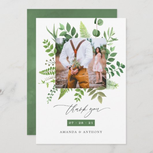 水彩林の森の緑結婚の写真 サンキューカード (正面/裏面)