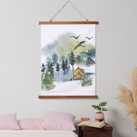 水彩林の風景 吊り下げ型タペストリー (寝室)