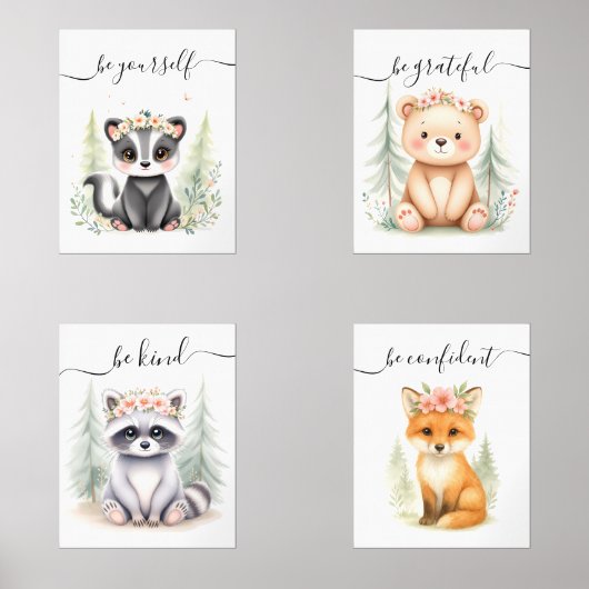 水彩林フェミニン地動物子供部屋プリント (正面)