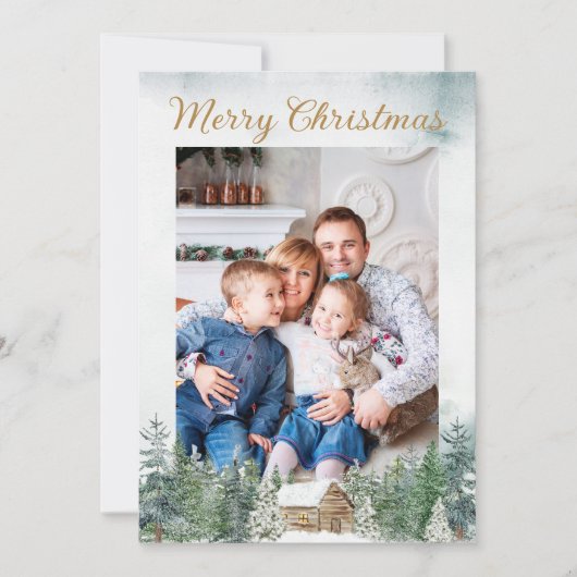 水彩林素朴地クリスマスキャビン写真 シーズンカード (正面)