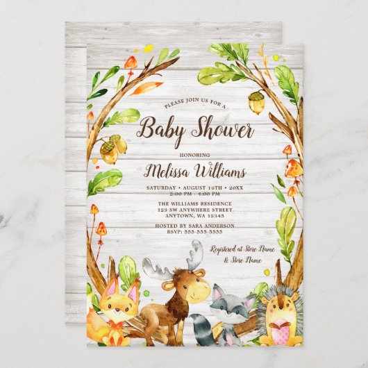 水彩林素朴地動物赤ちゃんシャワー 招待状