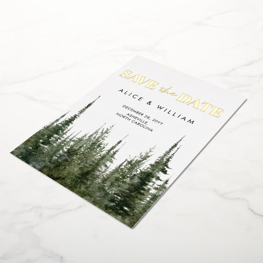 水彩林素朴松の木の日付を保存 箔招待状 (回転した状態)