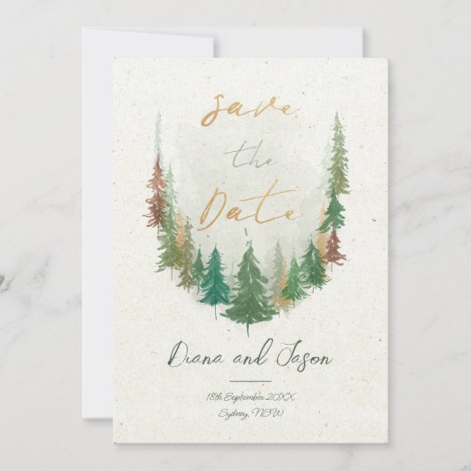 水彩林素朴松の木日付を保存 招待状 (正面)