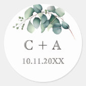 水彩枝モノグラムラウンドウェディングステッカー ラウンドシール (正面)