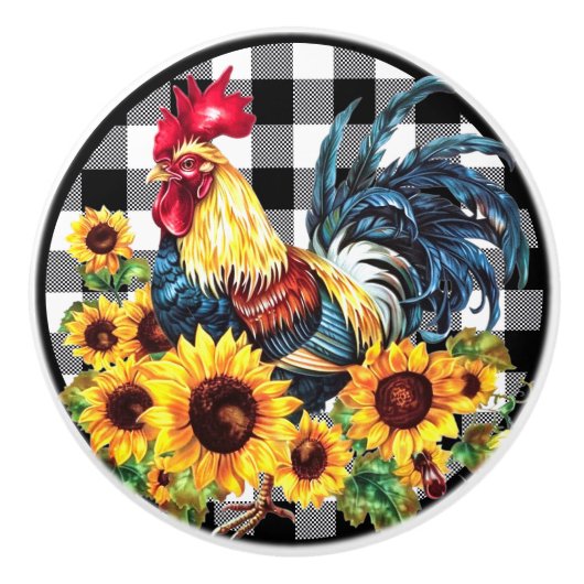 水彩柄のニワトリひまわり黄色のブラックプレイド セラミックノブ (正面)