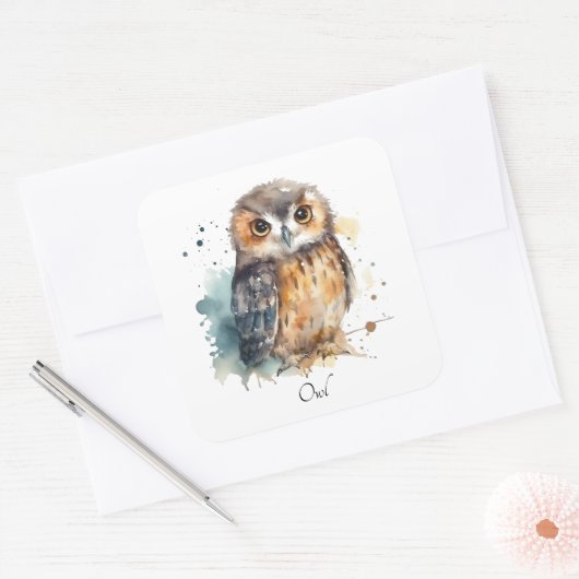 水彩柄の可愛いフクロウをカスタマイズ スクエアシール (封筒)