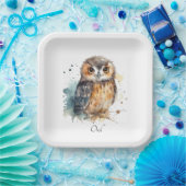 水彩柄の可愛いフクロウをカスタマイズ ペーパープレート (パーティー)