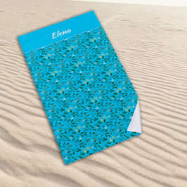 水彩柄の緑葉名スカイブルー ビーチタオル