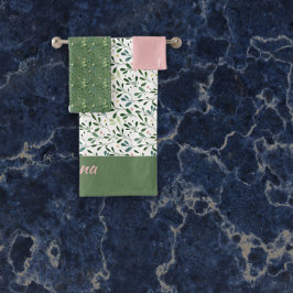 水彩柄の緑葉名ピンク バスタオルセット