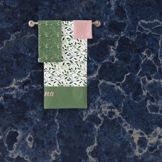 水彩柄の緑葉名ピンク バスタオルセット