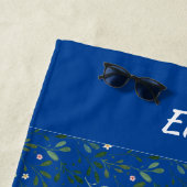 水彩柄の緑葉名ブルー ビーチタオル (インサイチュ)