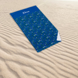 水彩柄の緑葉名ブルー ビーチタオル