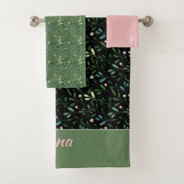 水彩柄グリーンリーフ名ピンクバスタオル バスタオルセット