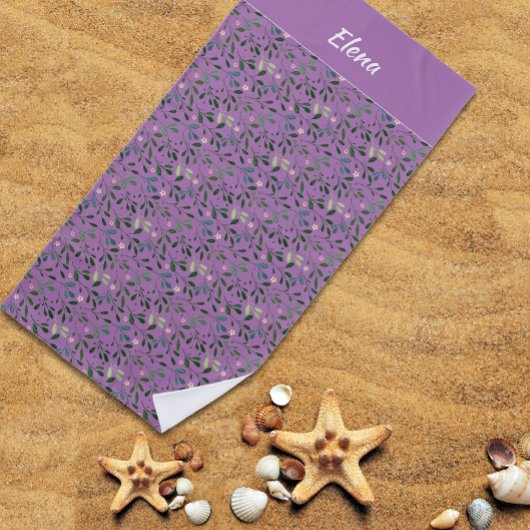 水彩柄グリーンリーフ名ラベンダー ビーチタオル