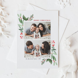 水彩柊の緑の2人のフォトクリスマス シーズンポストカード