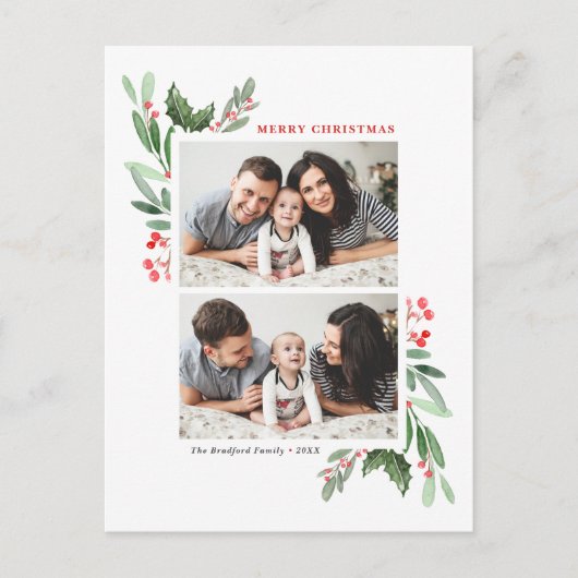 水彩柊の緑の2人のフォトクリスマス シーズンポストカード (正面)