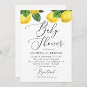 水彩柑橘系の庭。レモンのスクリプトの赤ちゃんシャワー 招待状 (正面/裏面)