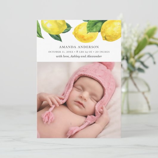 水彩柑橘系の庭。新生児.レモン誕生 案内状 (スタンド正面)