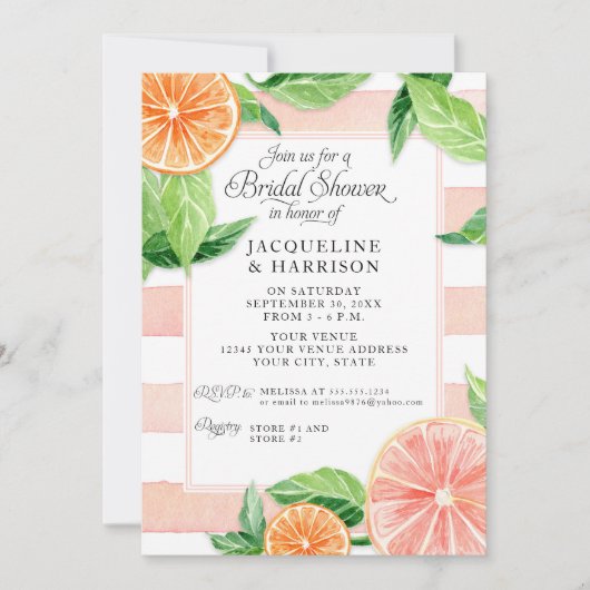 水彩柑橘系ピンクグレープフルーツブライダルシャワー 招待状 (正面)