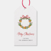 水彩柑橘系リースとレッドボウクリスマス ギフトタグ (正面)